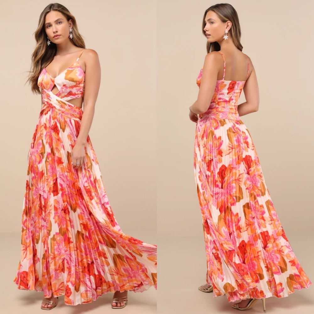 Lulus Lylee Pink Multi Floral Satin Pleated Maxi Dress L Wedding Party Feminine